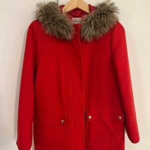 J. Crew Red Coat with Faux Fur Collar